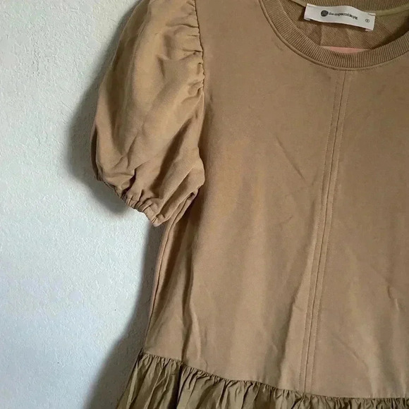 Impeccable Pig Mix Media Bubble Hem Puff Sleeve Tan Mini Coquette Party Dress S - Picture 7 of 11